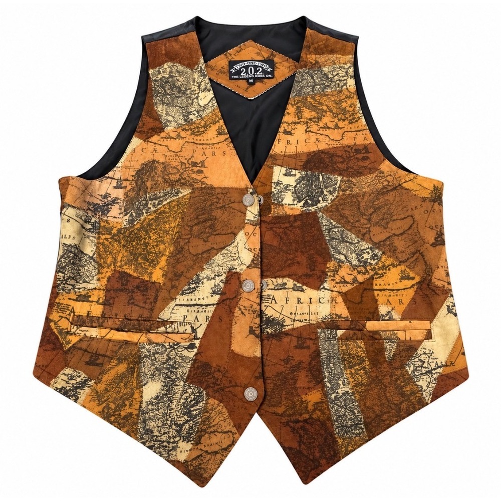 Two One Two 212 Mens Vintage Patchwork Vest Waistcoat M Suede Novelty Map Print